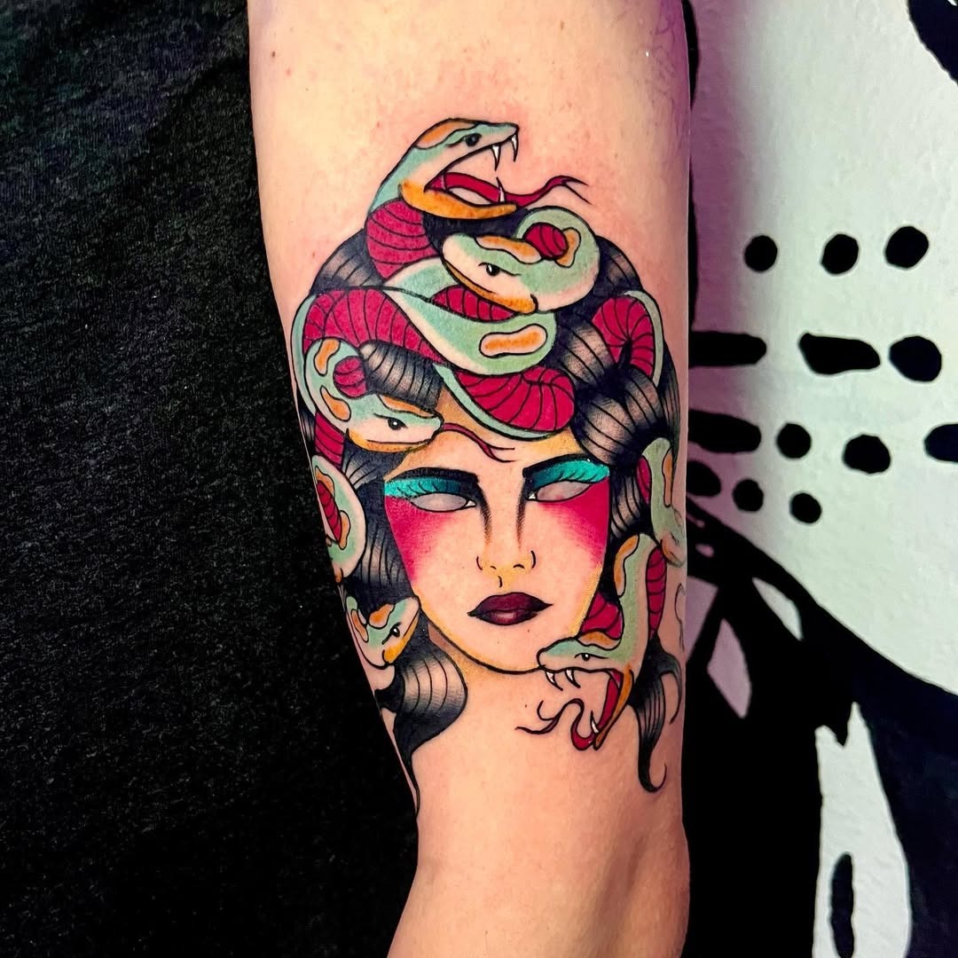 Striking Medusa Tattoo with Colorful Snakes Tattoo Design