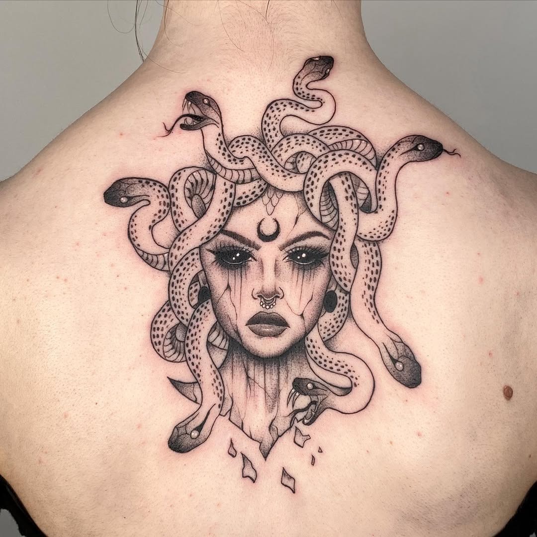 Striking Medusa Tattoo with Detailed Snakes Tattoo Design