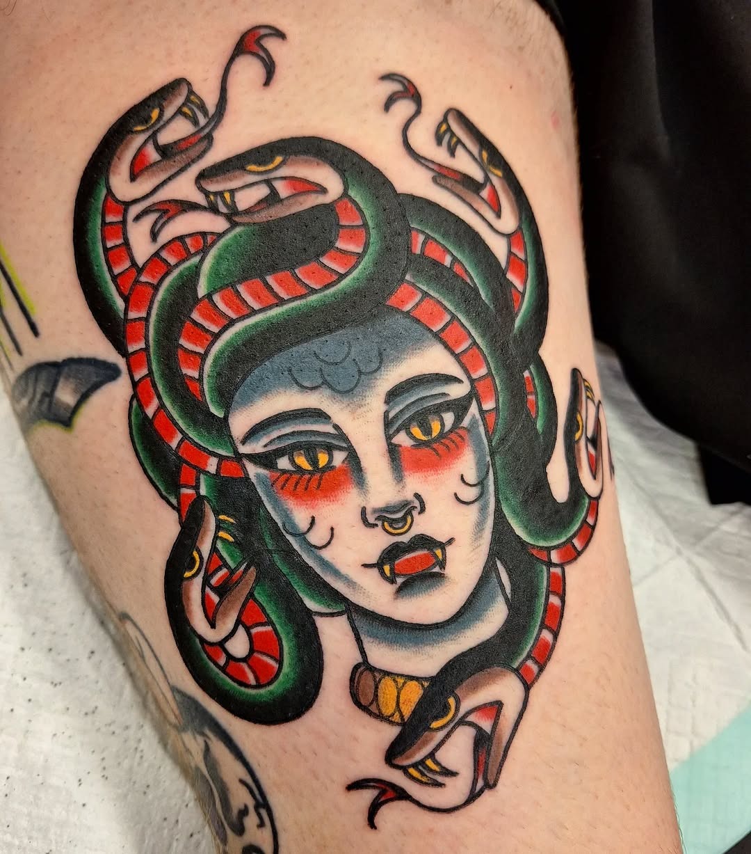 Vibrant Medusa Tattoo with Snakes and Bold Colors Tattoo Design