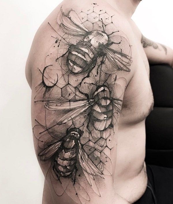 Abstract Black and White Bee Sleeve Tattoo Design
