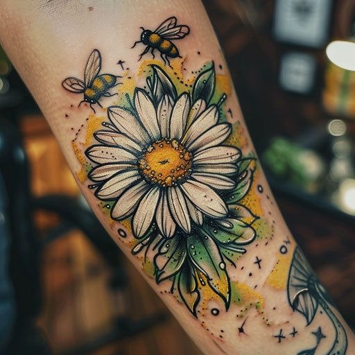Daisies and Bees in Color Splash Style Tattoo Design