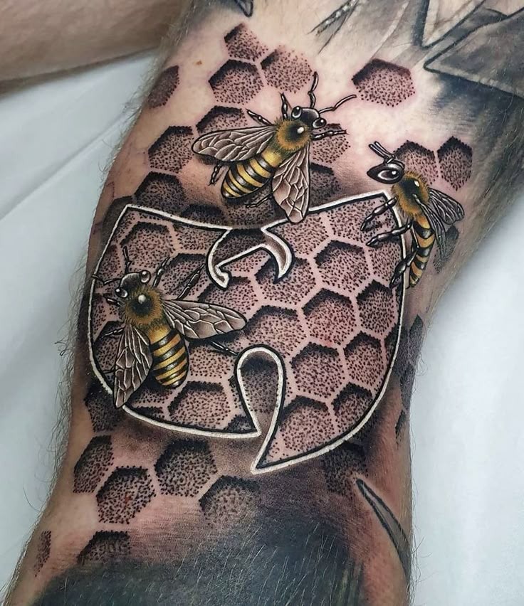 Realistic Bees on Patterned Honeycomb Tattoo Design