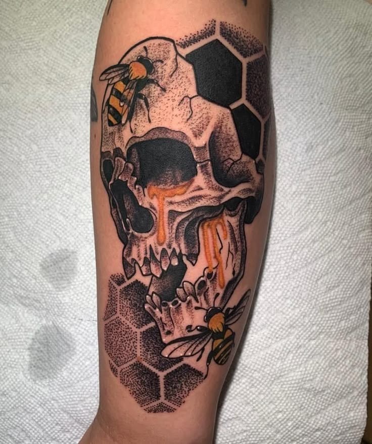 Skull and Honeycomb Bee Scene Tattoo Design