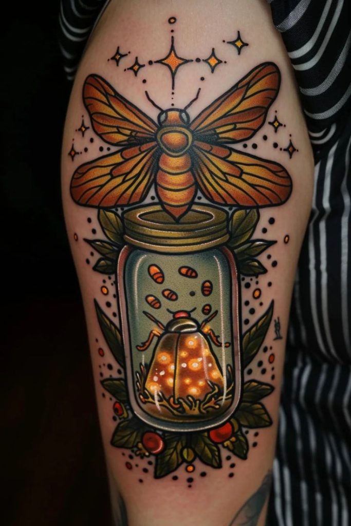 Stylized Bee in a Jar with Light Tattoo Design