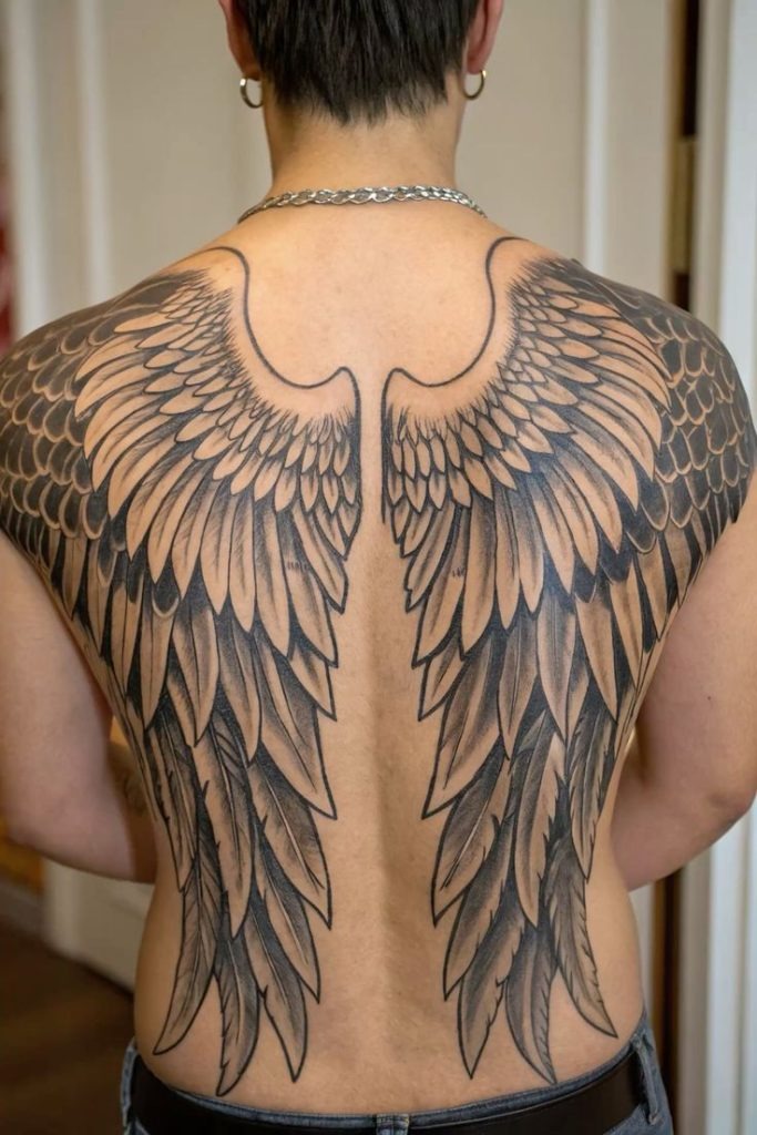 Expansive and meticulously shaded, this full angel wings tattoo on back spans the shoulder blades with organic flow and structured layering.
