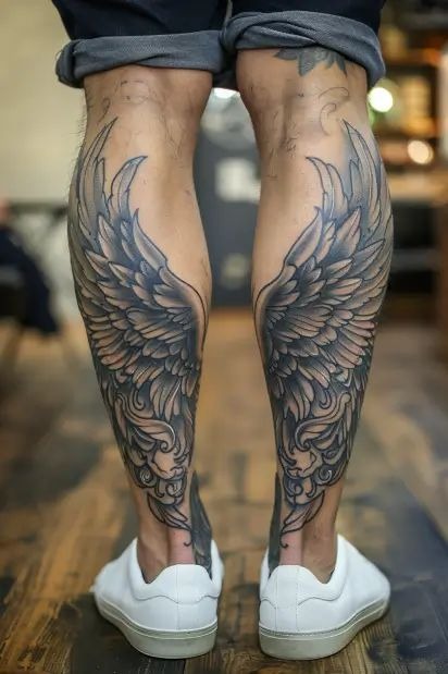 An unconventional yet striking placement, this tattoo set covers both calves in swirling, ornate wing work.
