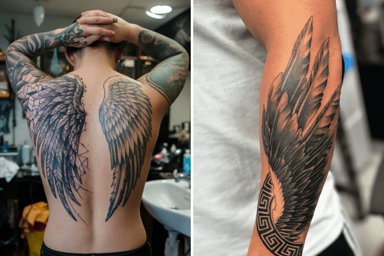 27+ Men Angel Wings Tattoo Ideas For on Back Shoulder Forearm and Leg Featured Lookbook Collage