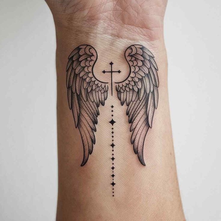 Beautifully balanced and intricate, this wrist tattoo features detailed wings with a fine dotted line and cross with embellishments.