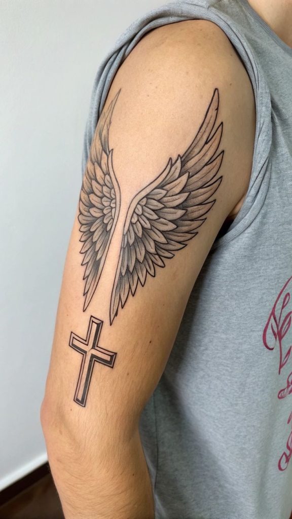 Spiritual and striking, this shoulder tattoo captures symmetry and grace.