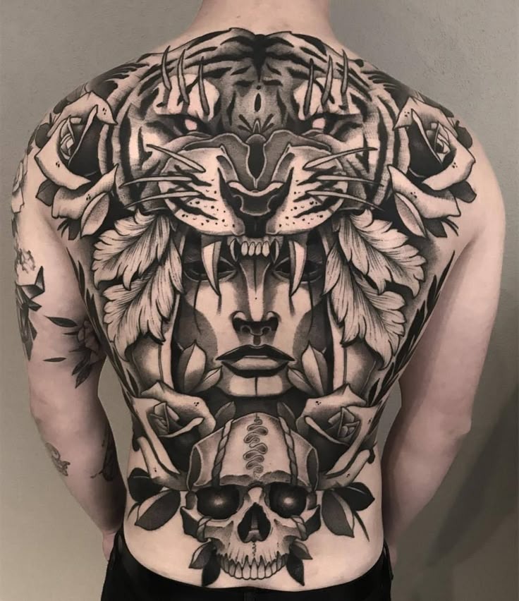 Bold Neo-Traditional Tiger & Woman Hybrid Tattoo Design