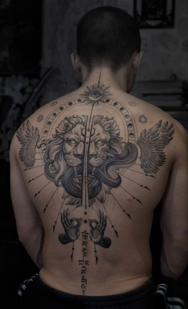 Celestial geometry with lion, snake & wings Tattoo Design