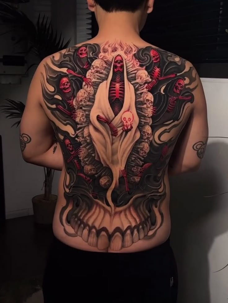 Hellfire cloaked reaper with red skeletons Tattoo Design