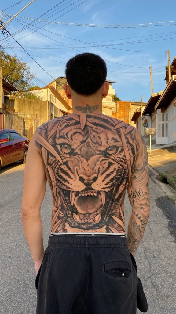 Hyperreal Tiger Snarl with Urban Energy Tattoo Design