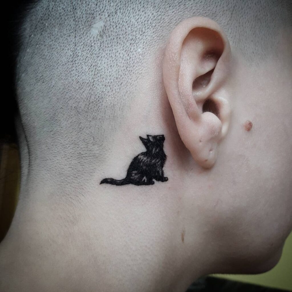 Black Cat Silhouette Behind the Ear Tattoo Design
