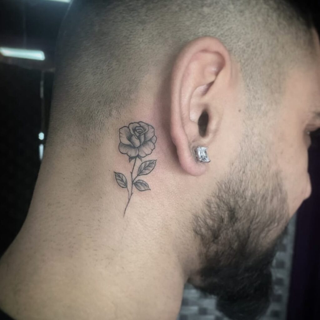 Detailed Black Rose Behind Ear Tattoo Tattoo Design