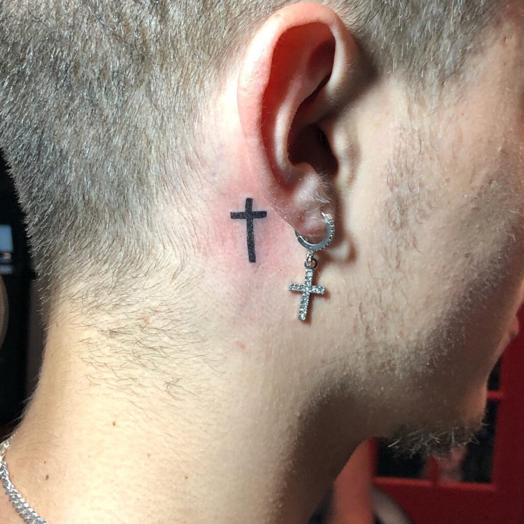 Simple Black Cross Behind Ear Tattoo Tattoo Design