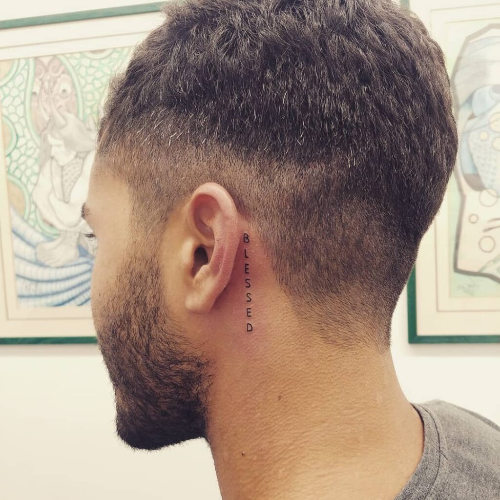 Vertical Blessed Behind Ear Tattoo Tattoo Design