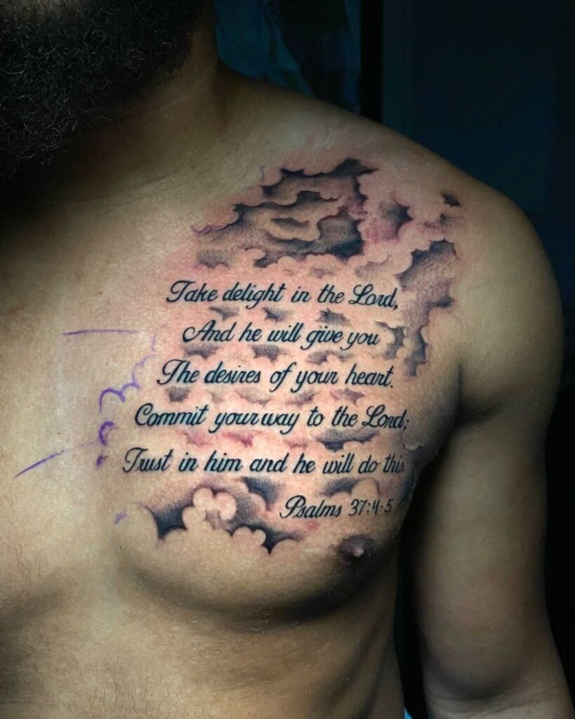 Deuteronomy 31:6 Chest Tattoo with Shaded Background Tattoo Design
