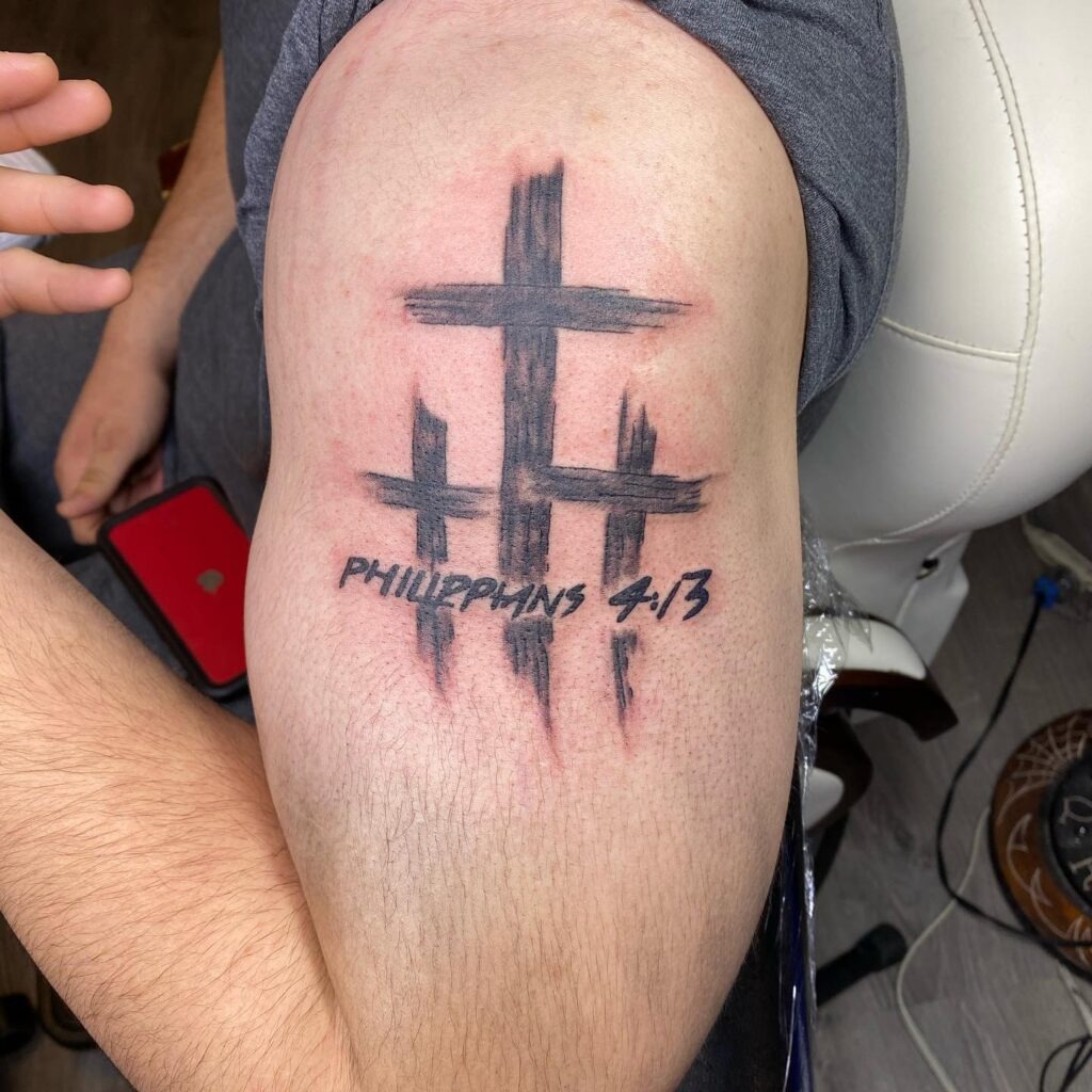 Deuteronomy 31:6 Upper Arm Tattoo with Sun Rays and Clouds Tattoo Design