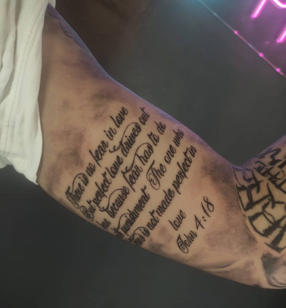 Psalm 27:3 Bicep Tattoo with Doves and Clouds Tattoo Design