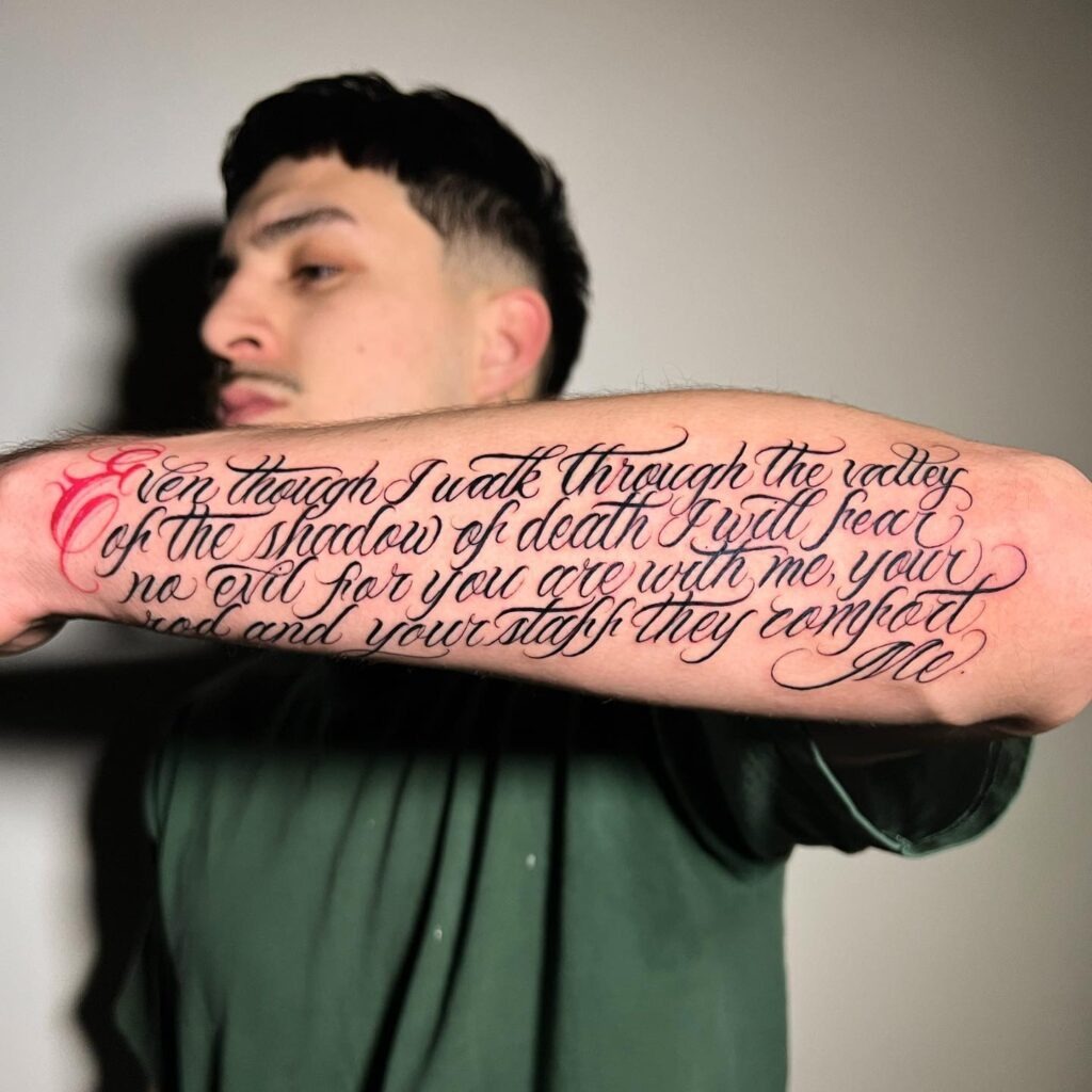 Psalm 34:18-20 Forearm Tattoo with Stone-Like Texture Tattoo Design