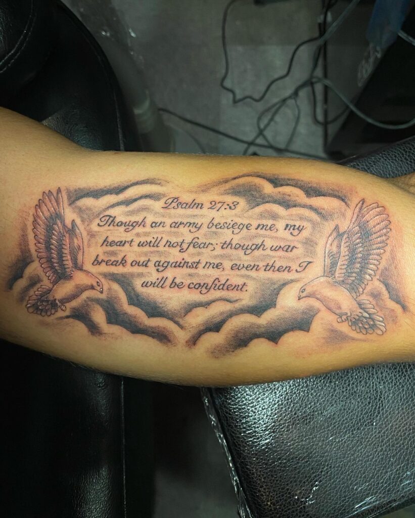 Revelation 21:4 Upper Arm Tattoo with Scroll and Quill Tattoo Design