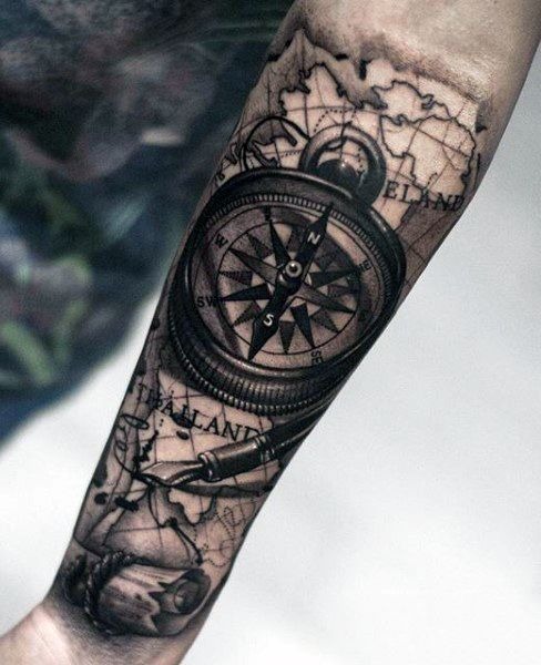 Compass and Palm Trees Tattoo on Forearm Tattoo Design