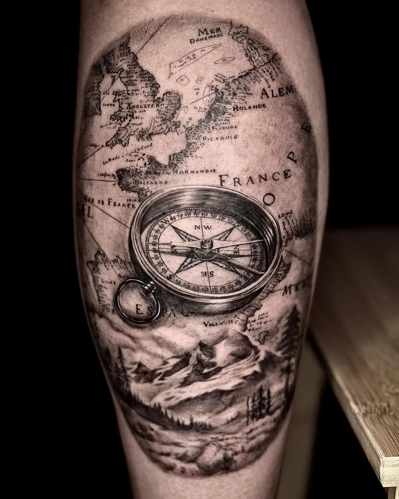 Realistic Compass with Map Tattoo Tattoo Design