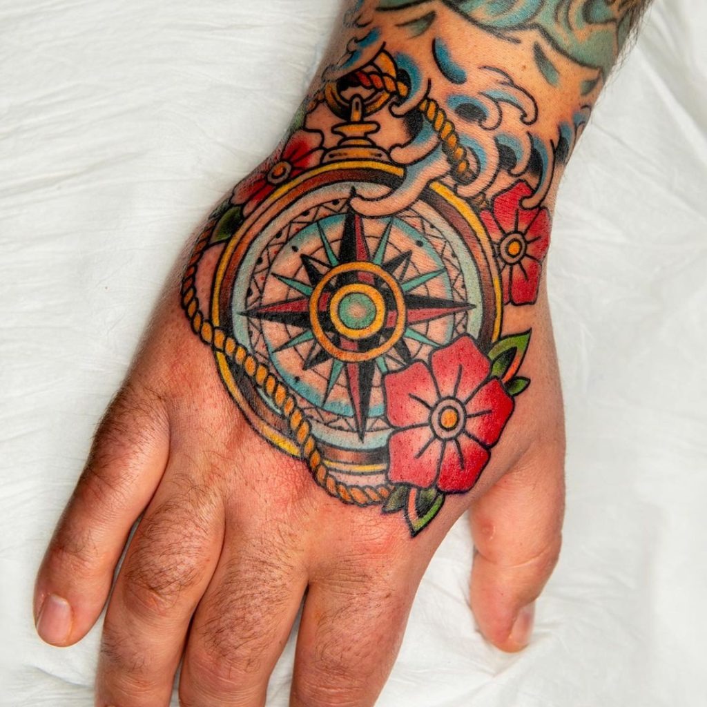 Realistic Skull and Compass Tattoo on Leg Tattoo Design