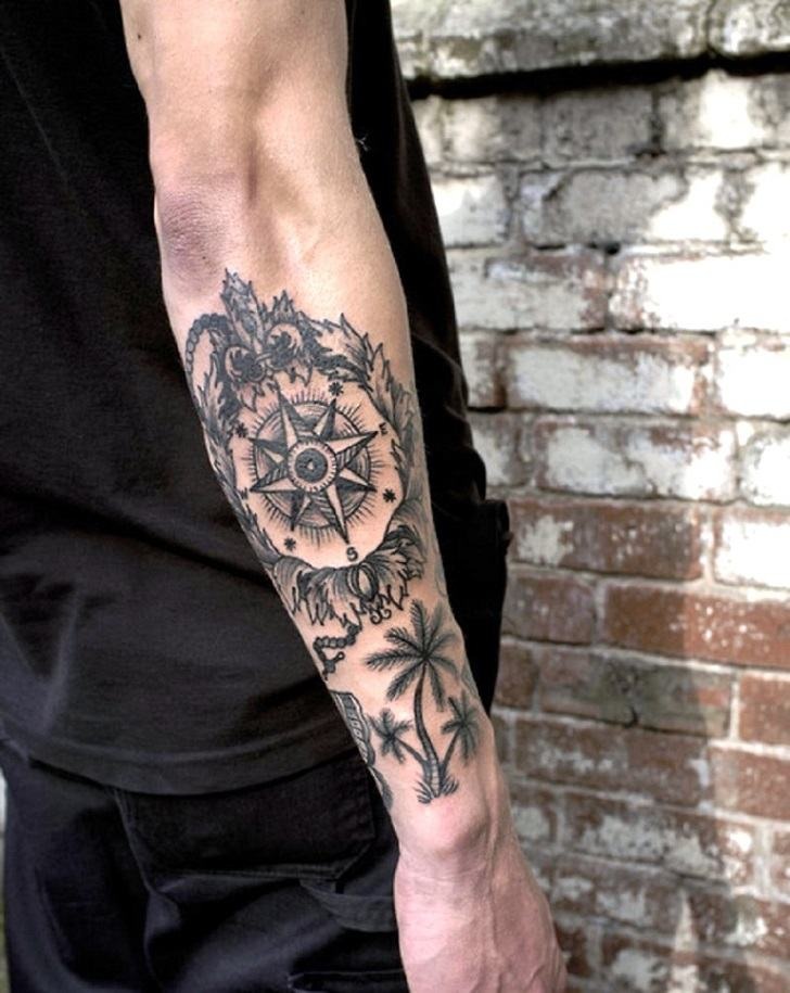 Traditional Color Compass Tattoo on Hand Tattoo Design
