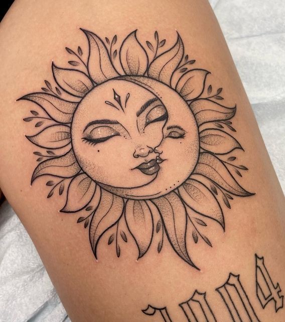This charming design shows the sun and moon locked in an eternal embrace, a soft kiss on the cheek between day and night.