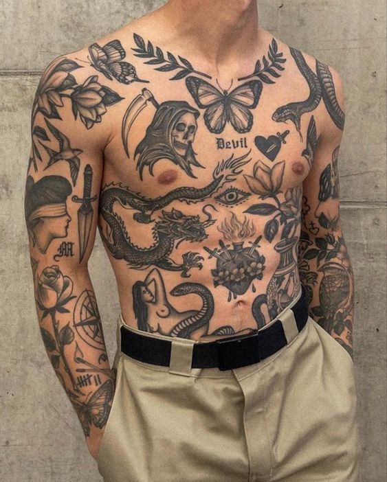 This full-torso piece is a collage of old-school icons, grim reapers, snakes, dragons, roses, butterflies, hearts, and symbols of both lust and loyalty.