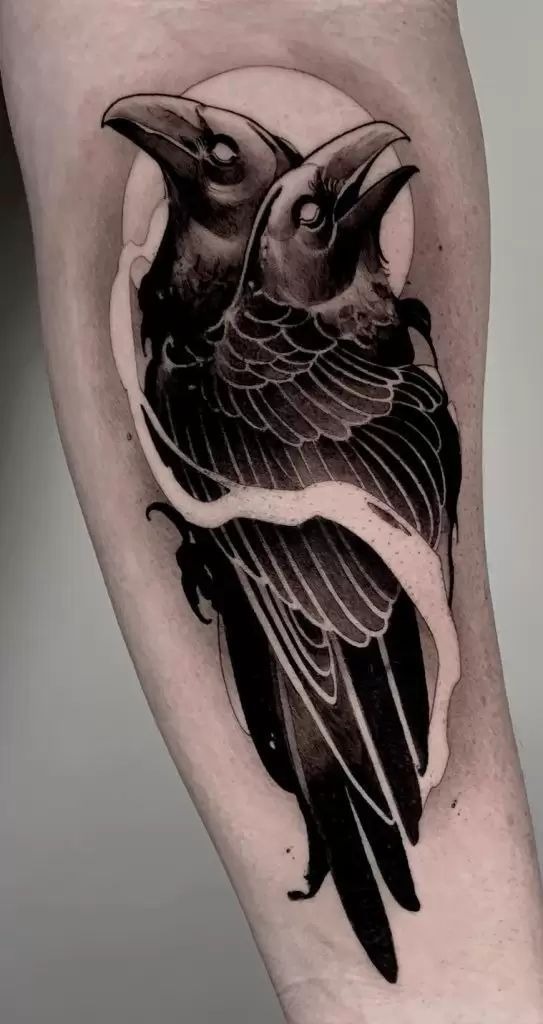 Botanical Raven with Floral Accents Tattoo Design