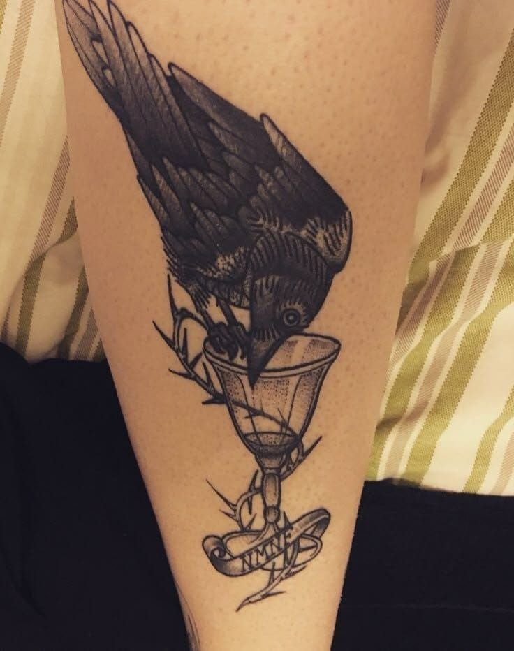 Classic Crow on a Branch with Sharp Detailing Tattoo Design
