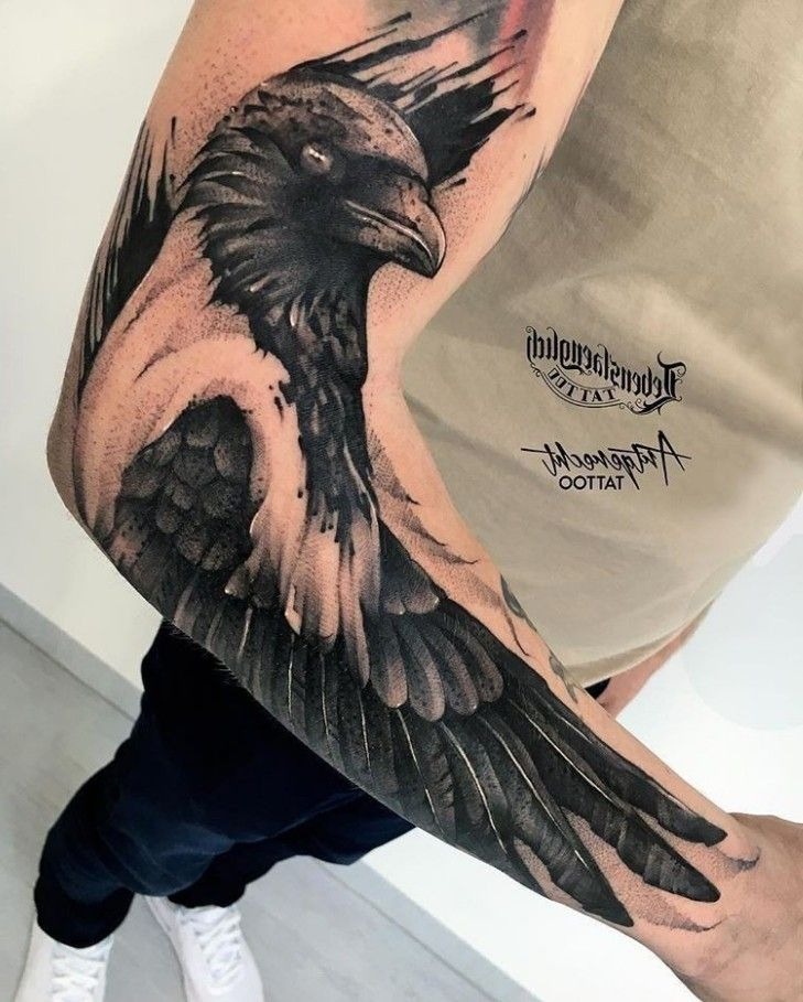 Crow on Cracked Background with Geometric Web Tattoo Design