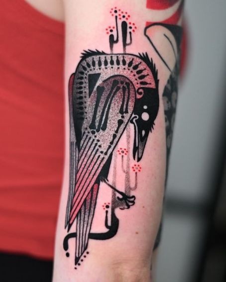 Geometric Abstract Raven with Neon Accents Tattoo Design