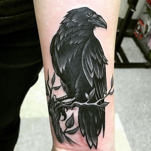 Mini Crow in Flight with Bold Shadows Tattoo Design