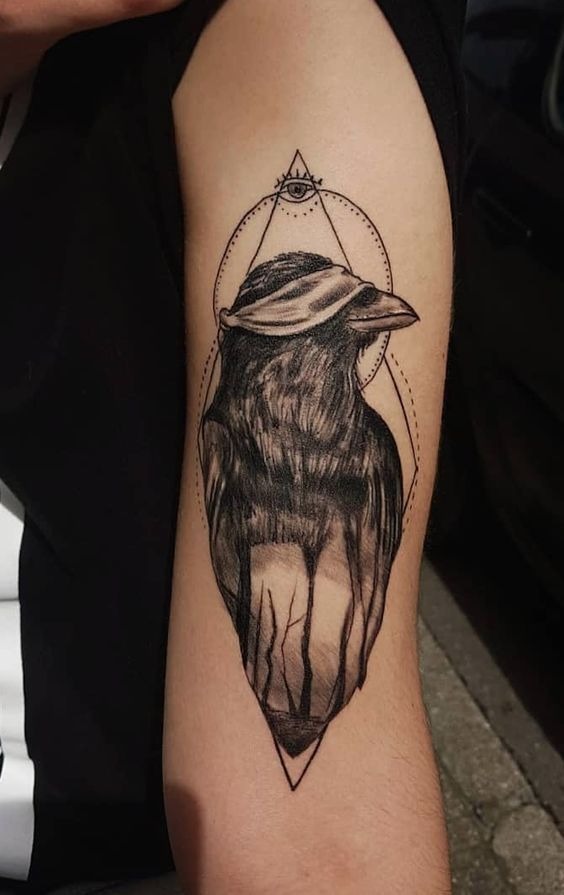 Minimalist Raven with Forest Reflection and Sacred Geometry Tattoo Design