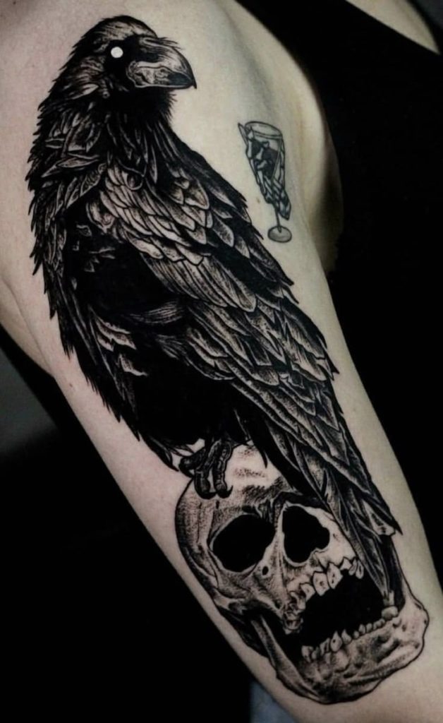 Neo-Traditional Crow with Red Flower Tattoo Design