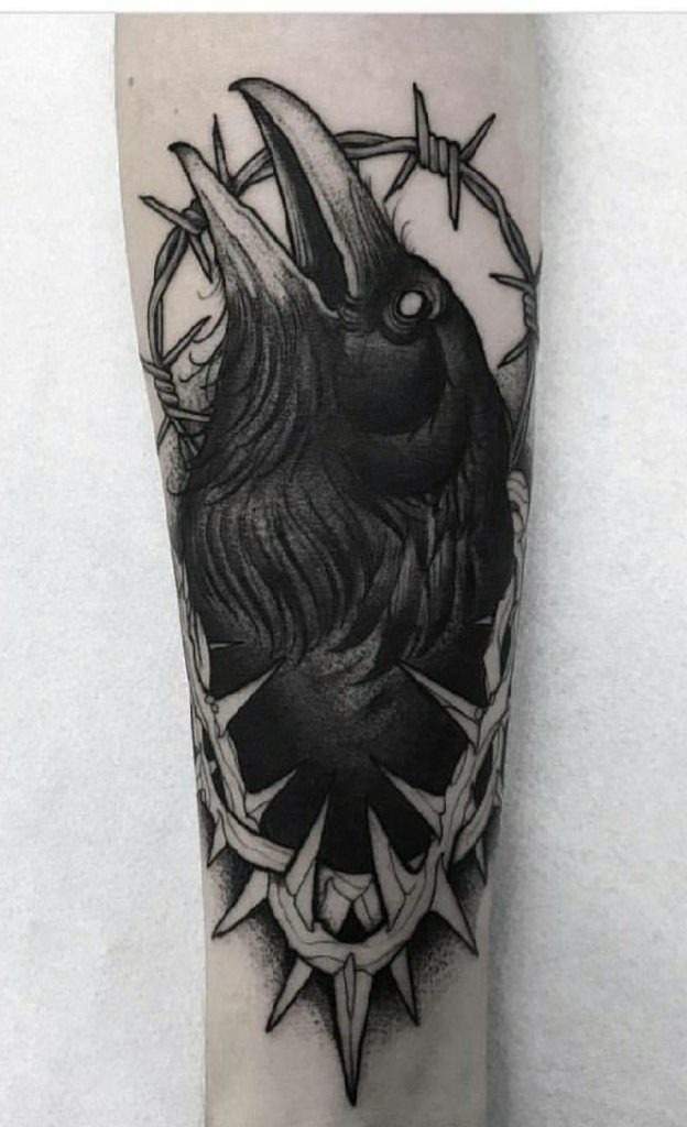 Raven Entangled in Barbed Crown Tattoo Design
