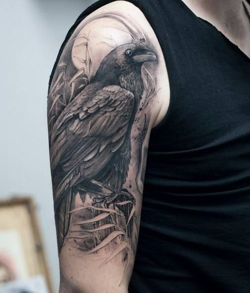 Realistic Raven Among Bamboo with Lunar Haze Tattoo Design