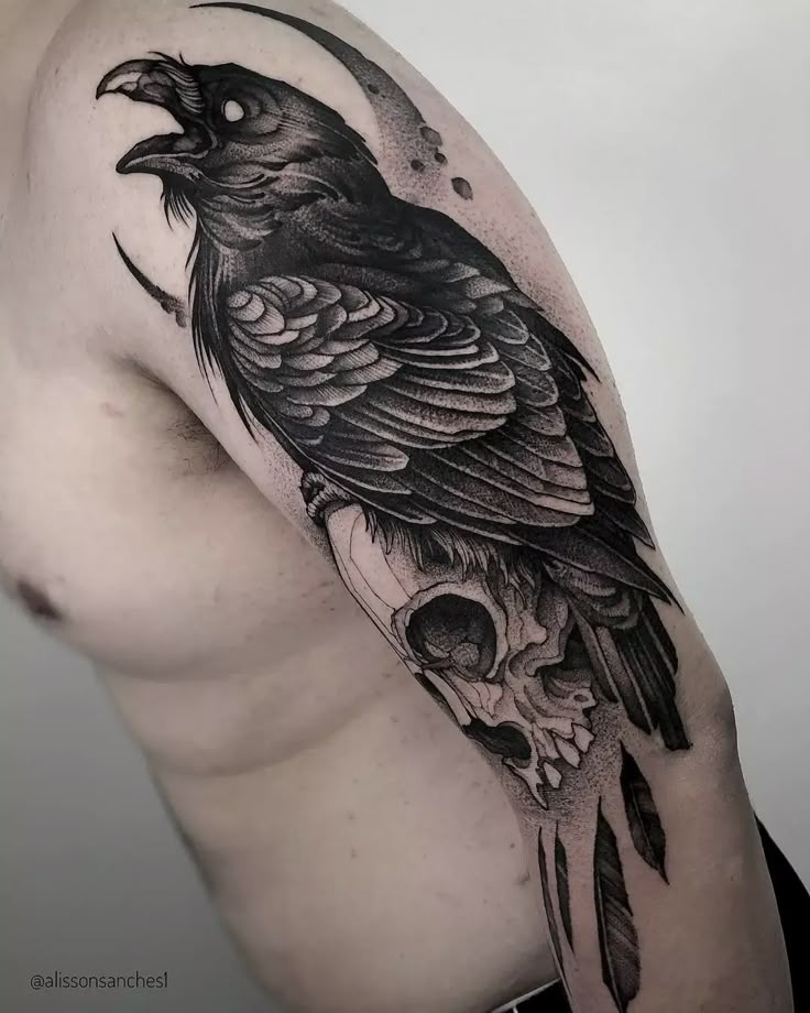 Shadowed Raven on Skull with Celestial Accents Tattoo Design