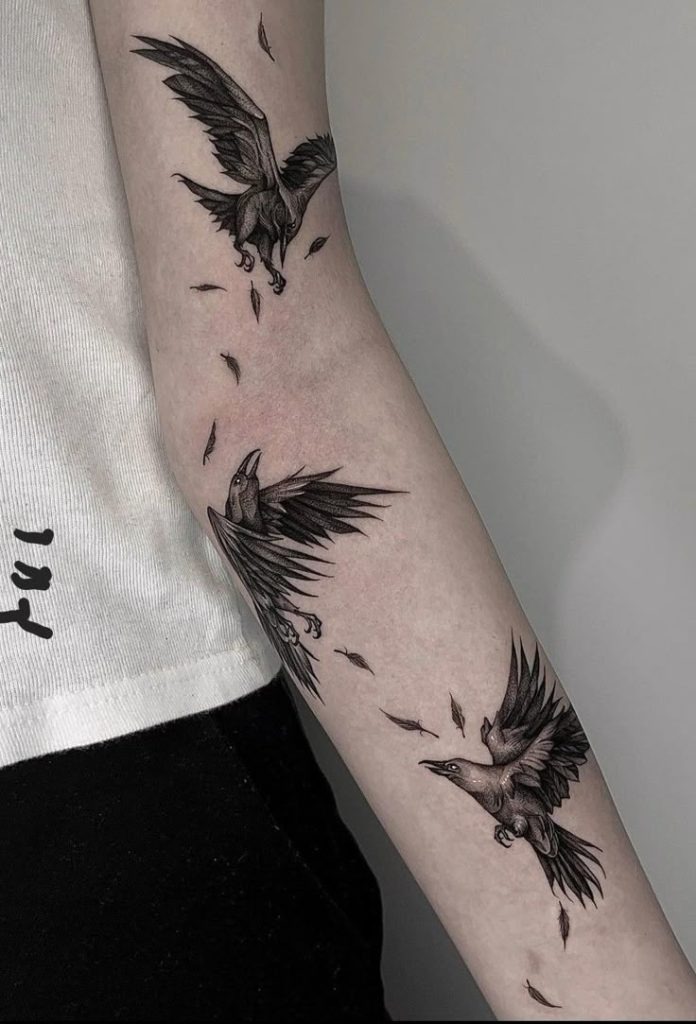 Surreal Raven Sleeve with Blurred Ink Effects Tattoo Design