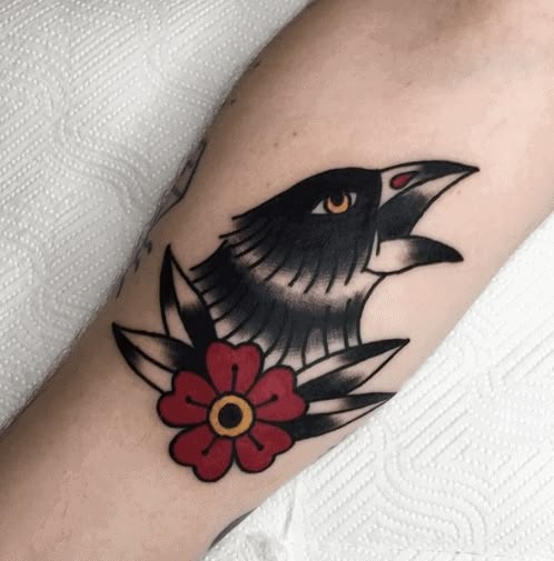 Watercolor Crow with Purple and Black Ink Swirls Tattoo Design