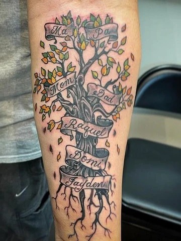 On the forearm, this tattoo is both colorful and meaningful.