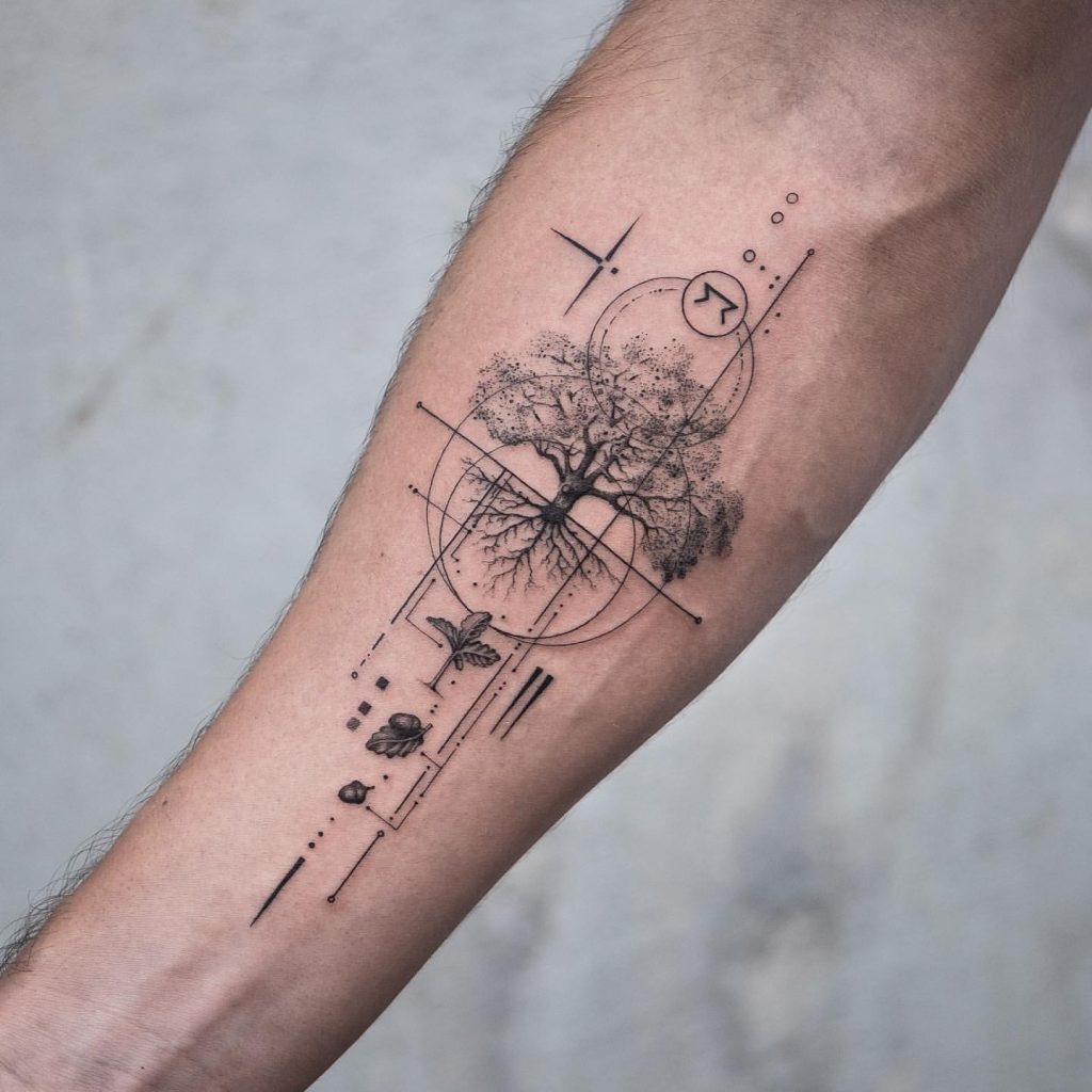 This forearm tattoo presents a modern take on the family tree concept, blending geometric shapes with a detailed tree.