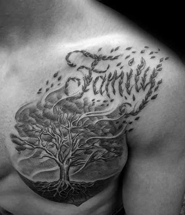 This chest tattoo showcases a beautifully detailed tree that spreads across the wearer's chest.