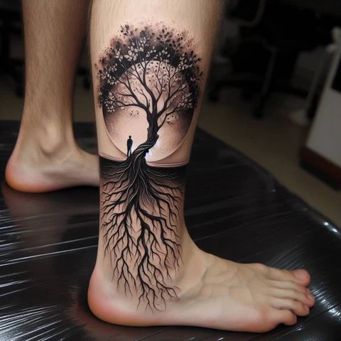 A stunning design for the leg, this tattoo combines the symbolism of family and personal growth.