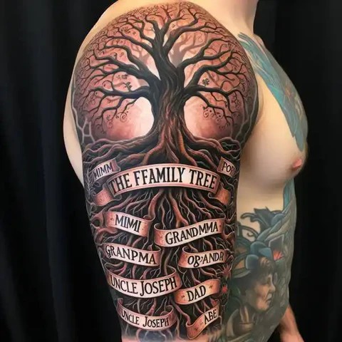 This large upper arm tattoo spans a significant portion of the arm, making it an excellent sleeve or half-sleeve option.