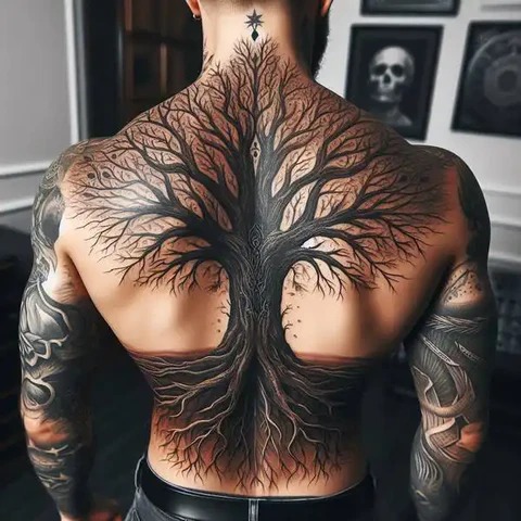 An awe-inspiring back tattoo, this design depicts a large tree that covers the entire back, with branches extending outward and roots spreading across the lower half.
